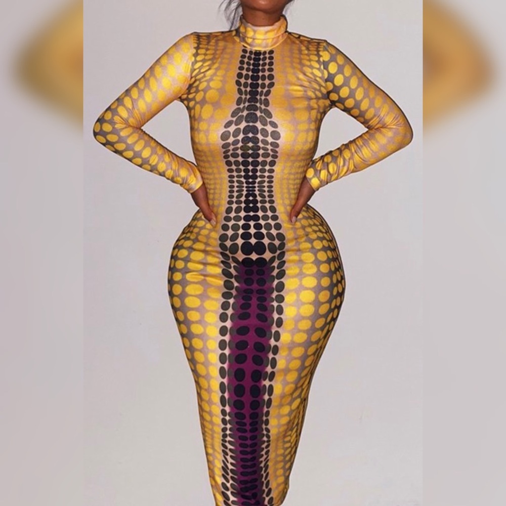 Long Sleeve Yellow and Purple Patterned Dress